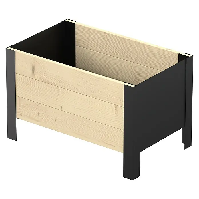 Upyard Pflanzkasten Modernbox niedrig - 58 x 36 x 32 cm, Holz, Natur/Schwarz - Hochbeet mit hellen Holzpaneelen und dunklem Metallrahmen und Beinen.