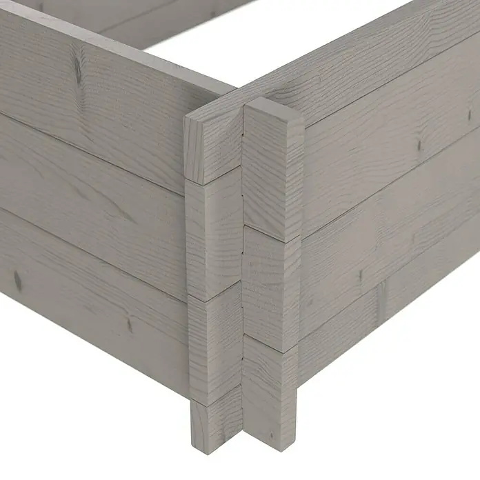 Upyard Hochbeet Multibox - L x B x H: 119 x 59,5 x 29,5 cm, Holz, Grau - Ecke eines hellgrauen Hochbeets aus Holz, mit gestapelter Holzkonstruktion und sichtbarer Holzmaserung.