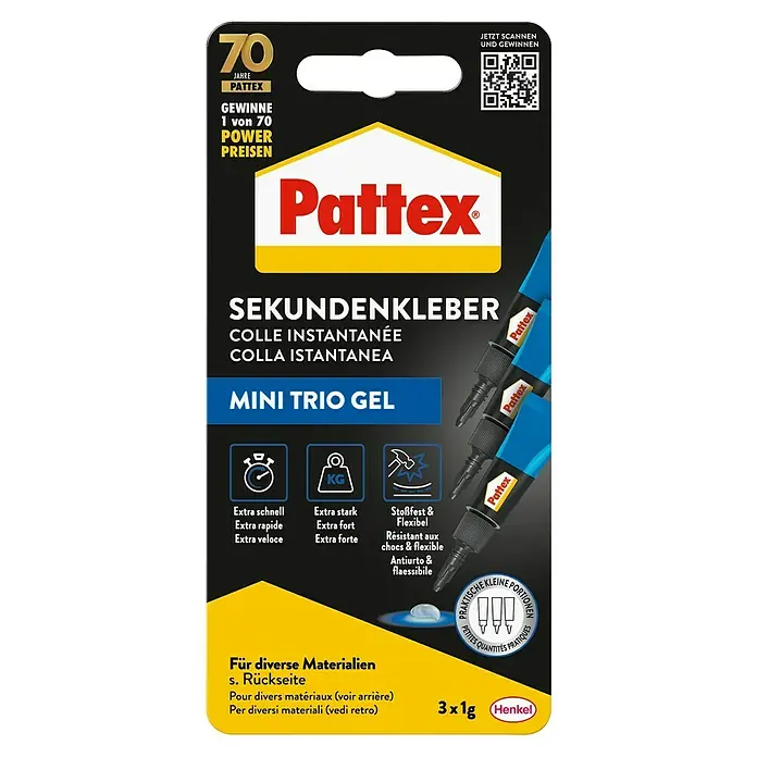 Pattex Sekundenkleber Ultra Gel Mini Trio - 1 g, Gelartig, Tube - Pattex Sekundenkleber Mini Trio Gel, schwarz-gelber Blisterpack mit drei 1g Tuben. Schnell, stark, stoßfest und flexibel.
