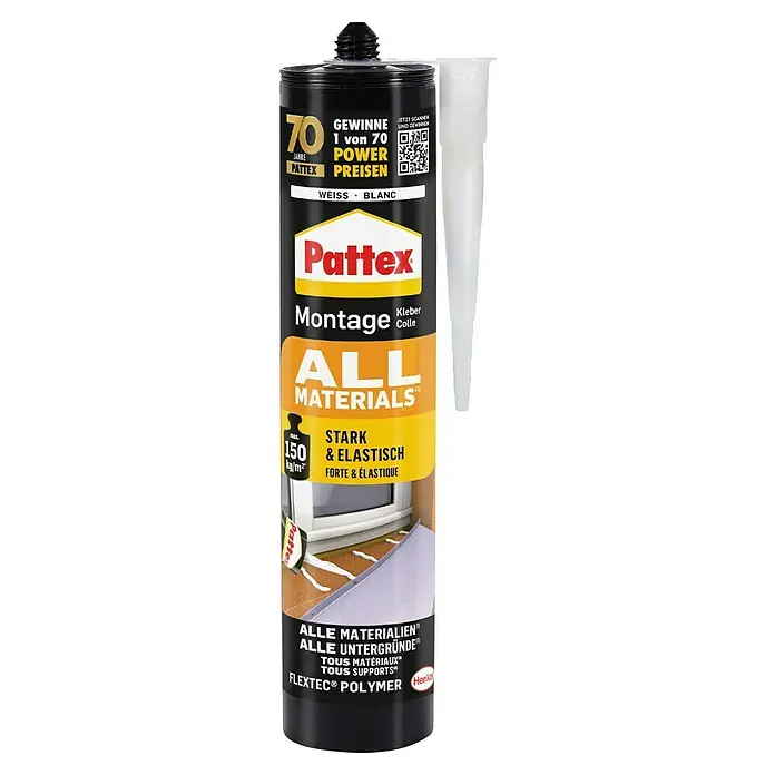 Pattex Montagekleber All Materials - 450 g - Pattex Montage All Materials Kleber in weißer Kartusche mit separater Düse.