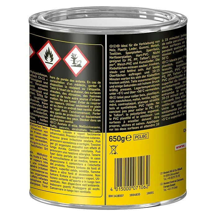 Pattex Kontakt Kraftkleber Classic - 650 g, Dose - Eine Metallbüchse Henkel Universalkleber, 650g, mit Gefahrensymbolen und mehrsprachigen Anweisungen auf gelb-schwarzem Etikett.