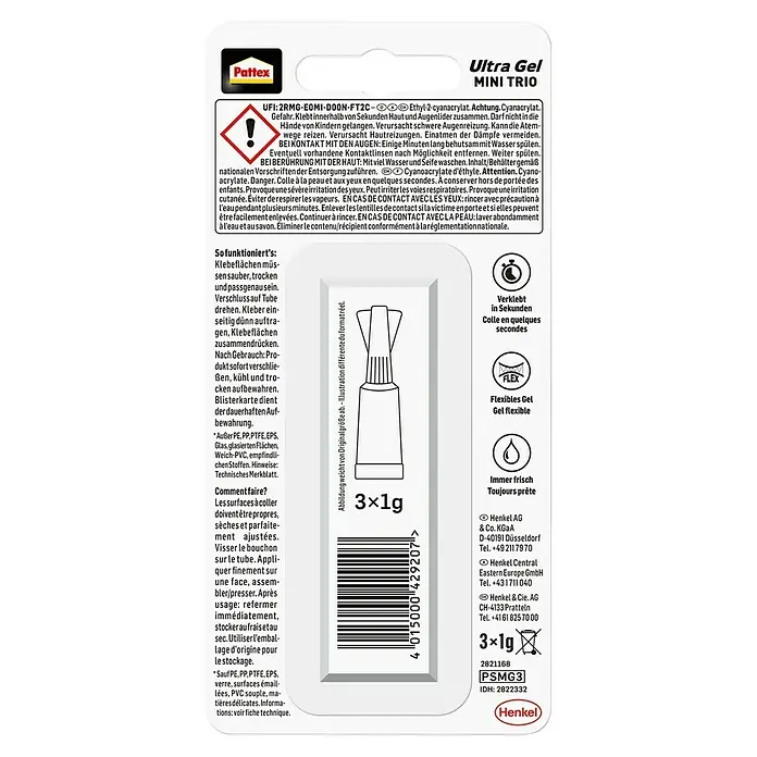 Pattex Sekundenkleber Ultra Gel Mini Trio - 1 g, Gelartig, Tube - Verpackung Pattex Ultra Gel MINI TRIO Sekundenkleber, 3x1g. Flexibles, schnell trocknendes Gel.