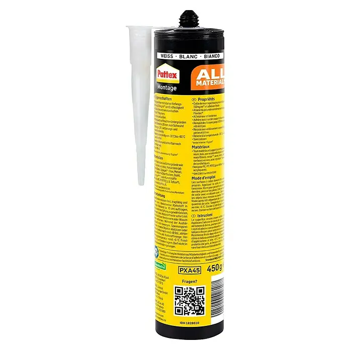 Pattex Montagekleber All Materials - 450 g - Schwarze Pattex Montage All Materials Klebstofftube, 450g, für weißen Kleber.