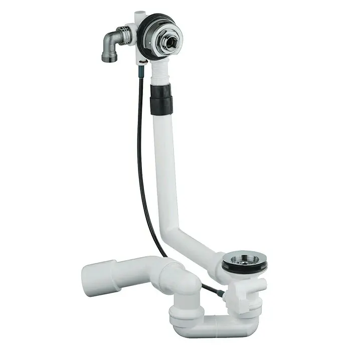 Grohe Ab- & Überlaufgarnitur Talentofill - Mit Wassereinlauf, Geeignet für: Badewannen, Kunststoff - Detailaufnahme eines Waschbeckenablauf-Sets aus Kunststoff, bestehend aus Rohren und Anschlüssen, vor einem neutralen Hintergrund.