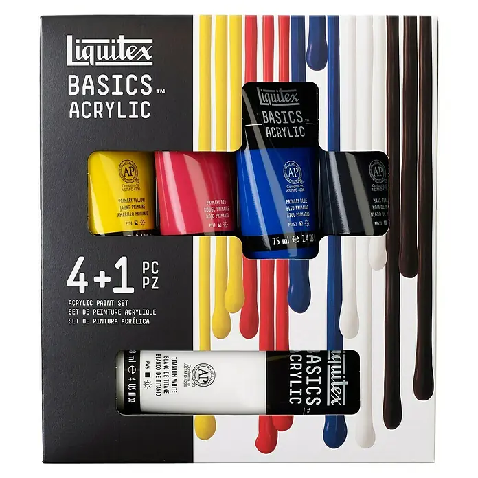 Liquitex Basics Acrylfarben-Set - Farbig sortiert, 4 Stk. x 75 ml, Tube - Eine Liquitex Basics Acrylfarben 4+1 Packung mit Primärfarben und Titanweiß, ideal für Kunstprojekte.