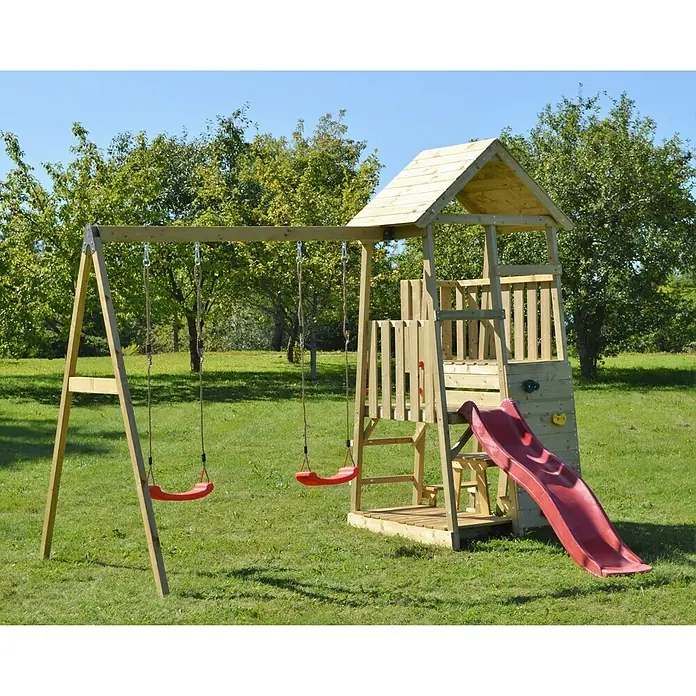 Wendi Toys Kinderspielturm Flamingo - Natur/Rot - Ein hölzerner Spielplatz mit Schaukel und Rutsche im Garten. Ideal für Kinder zum Spielen und Austoben im Freien.