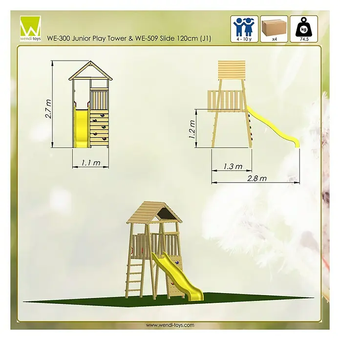 Wendi Toys Kinderspielturm Falke - Natur/Gelb - Abbildung des Wendi Toys WE-300 Junior Spielturms & WE-509 Rutsche 120cm (J1) mit Maßangaben, geeignet für Kinder von 4 bis 10 Jahren.