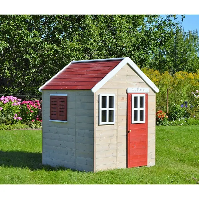 Wendi Toys Spielhaus Gecko - Glas, Natur/Rot - Das Bild zeigt ein charmantes Holzspielhaus mit rotem Dach, ideal für fantasievolles Spielen im Garten. Das Spielhaus hat eine Tür und Fenster.