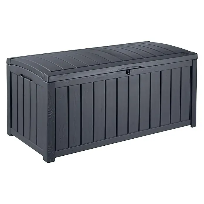 Keter Gartenbox Glenwood - L x B x H: 128 x 65 x 61 cm, Kunststoff, Anthrazit - Eine graue Gartenbox aus Kunststoff mit Holzmaserung und abgerundetem Deckel. Die Box bietet Stauraum für den Außenbereich.