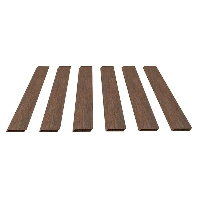 Dioco Smartwall Valla Persiana - L x An: 1.770 x 150 mm, Óxido, 6 ud. - Seis tablones de madera marrón oscuro paralelos, vistos en ángulo.