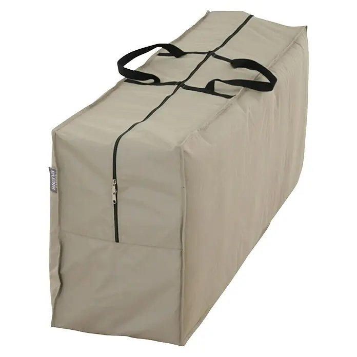 Siena Garden Auflagen-Schutzhülle PLUS - L x B x H: 125 x 32 x 50 cm, Polyester, TPU laminiert, Beige - Rechteckige hellbeige Aufbewahrungstasche mit schwarzen Reißverschlüssen und Tragegriffen, für Kissen oder Gartenaccessoires.