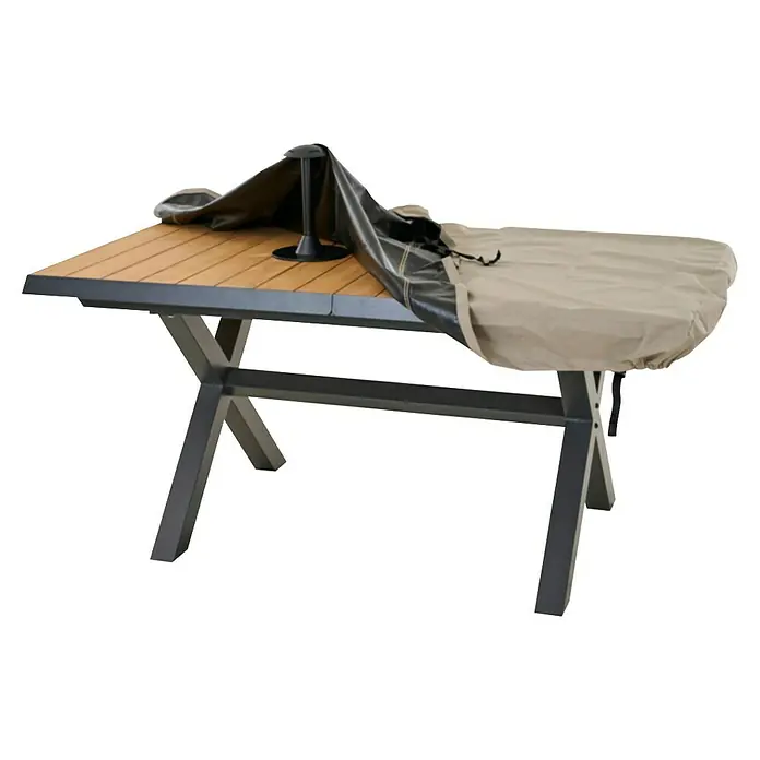 Abstandhalter - Passend für: Gartentische, Polypropylen, Schwarz - Gartentisch mit Holzplatte und dunklem Metallgestell, teilweise von beiger und schwarzer Schutzhülle bedeckt.
