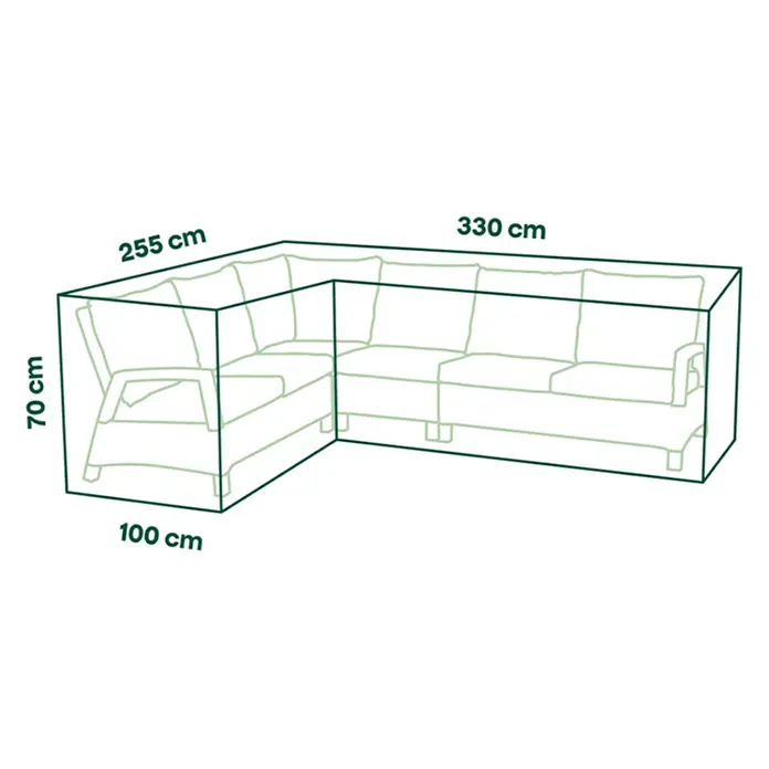 Siena Garden Loungemöbel Schutzhülle PLUS - L x B x H: 330 x 100 x 70 cm, Polyester, TPU laminiert, Beige, Rechts - Diagramm einer L-förmigen Outdoor-Sofahülle mit Maßen: 330x255 cm Länge, 100 cm Tiefe, 70 cm Höhe.
