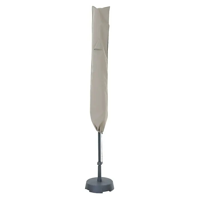 Siena Garden Sonnenschirm Schutzhülle PLUS - Passend für: Schirme mit einem ⌀ bis zu 3,0 m, Polyester, TPU laminiert, Beige - Helle beige Stoff-Schutzhülle für Sonnenschirme auf einem dunkelgrauen Ständer.