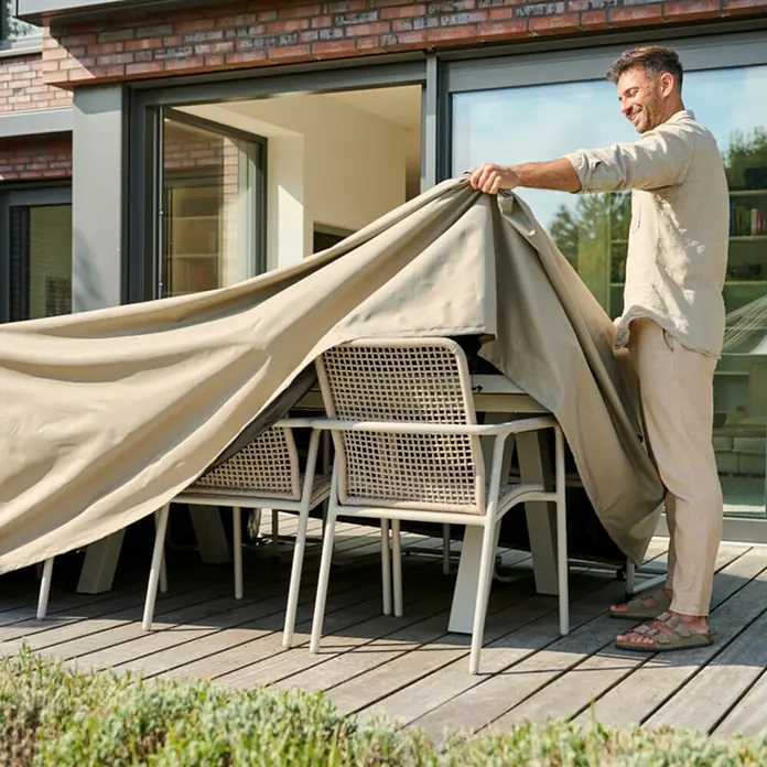 Siena Garden Sitzgruppen-Schutzhülle PLUS - Passend für: Sitzgruppen inkl. 10 Stühlen, 280 x 150 x 85 cm, Polyester, TPU laminiert, Beige - Beige Schutzhülle wird über eine Gartentischgarnitur gezogen.
