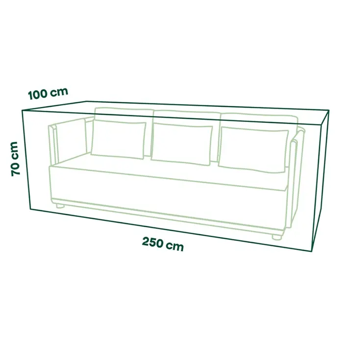 Siena Garden Loungemöbel Schutzhülle PLUS - L x B x H: 250 x 100 x 70 cm, Polyester, TPU laminiert, Beige - Schema eines 3-Sitzer Sofas mit Maßen: 250x100x70 cm.