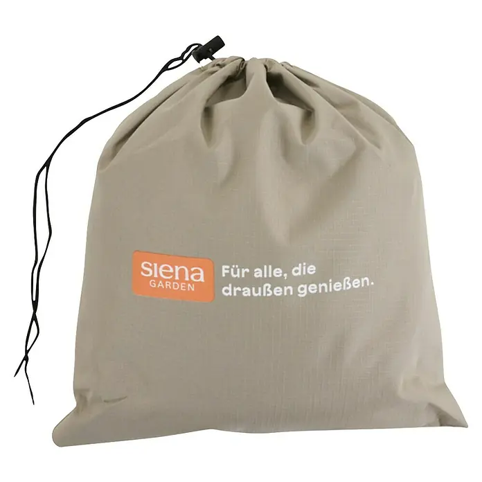 Siena Garden Gartentisch-Schutzhülle PLUS - L x B x H: 200 x 110 x 15 cm, Polyester, TPU laminiert, Beige - Hellbeige Zugbeutel mit schwarzer Kordel, „Siena Garden“-Logo und Text „Für alle, die draußen genießen.“. Ideal zur Aufbewahrung von Outdoor-Artikeln.