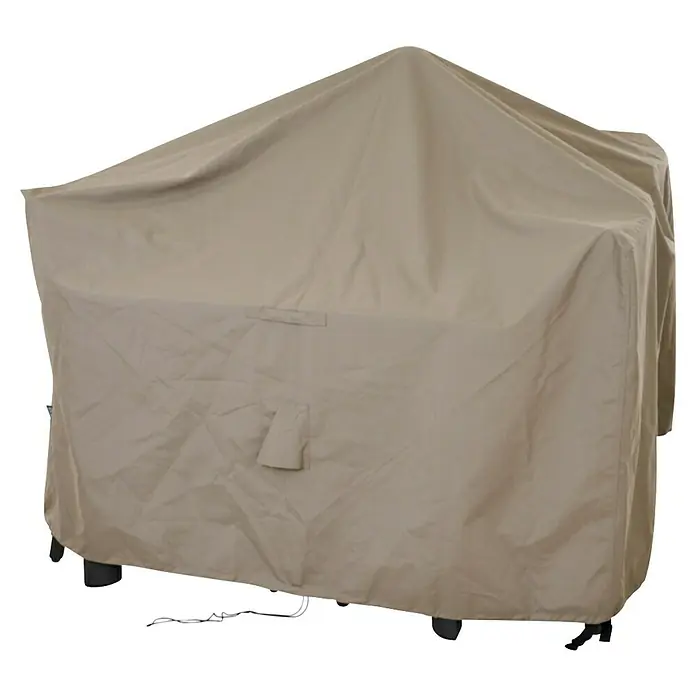 Siena Garden Sitzgruppen-Schutzhülle PLUS - Passend für: Sitzgruppen inkl. 4 Stühlen, 160 x 150 x 85 cm, Polyester, TPU laminiert, Beige - Hellbraune Stoff-Grillabdeckung über einem Grill, die seine Schutzform zeigt.