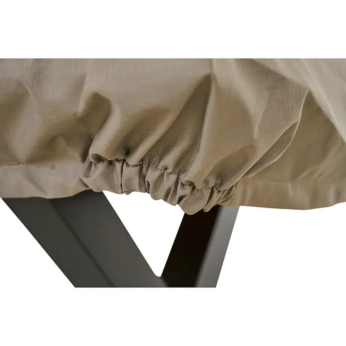 Siena Garden Gartentisch-Schutzhülle PLUS - L x B x H: 160 x 100 x 15 cm, Polyester, TPU laminiert, Beige - Beigefarbene Stoffabdeckung mit Gummizugsaum, passend über ein dunkles Möbelbein.