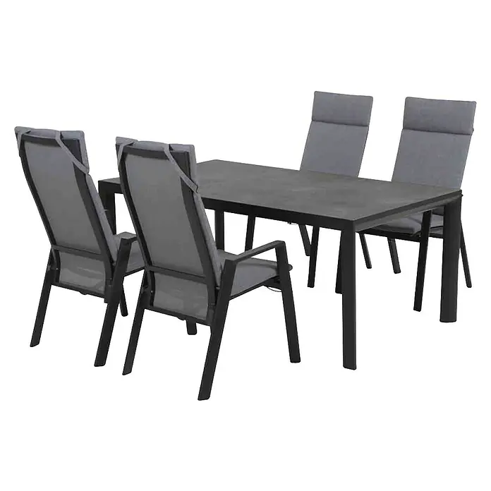 Siena Garden Garten-Positionssessel Valencia Move - Aluminium, Ranotex, Polypropylen, Anthrazit, B x T x H: 59 x 70 x 112 cm - Dunkelgraue Terrassen-Essgruppe: rechteckiger Tisch und vier Stühle mit Textilbezug.