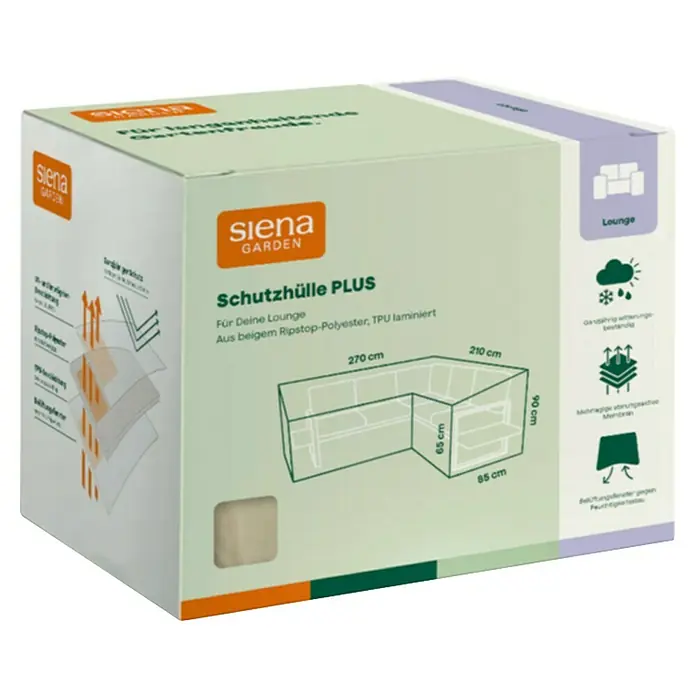 Siena Garden Loungemöbel Schutzhülle PLUS - L x B x H: 210 x 85 x 90 cm, Polyester, TPU laminiert, Beige - Siena Garden beigefarbene Ripstop-Polyester Schutzhülle für Lounge, in Verpackung.