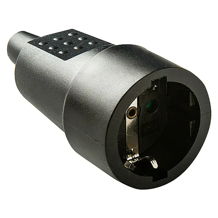 Famatel Base aérea de goma Acqua - Negro, 250 V, IP20 - Primer plano de un adaptador Schuko negro, utilizado para enchufes europeos, asegura una conexión eléctrica segura.
