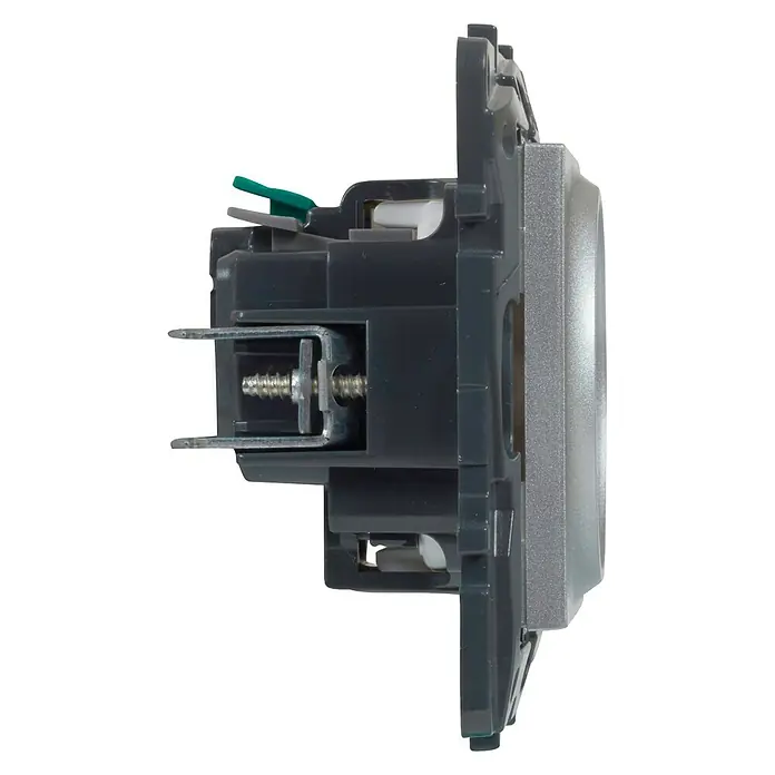 Legrand Niloé Step Enchufe - Aluminio, Plástico, Colocar - Primer plano de un interruptor de luz gris moderno.