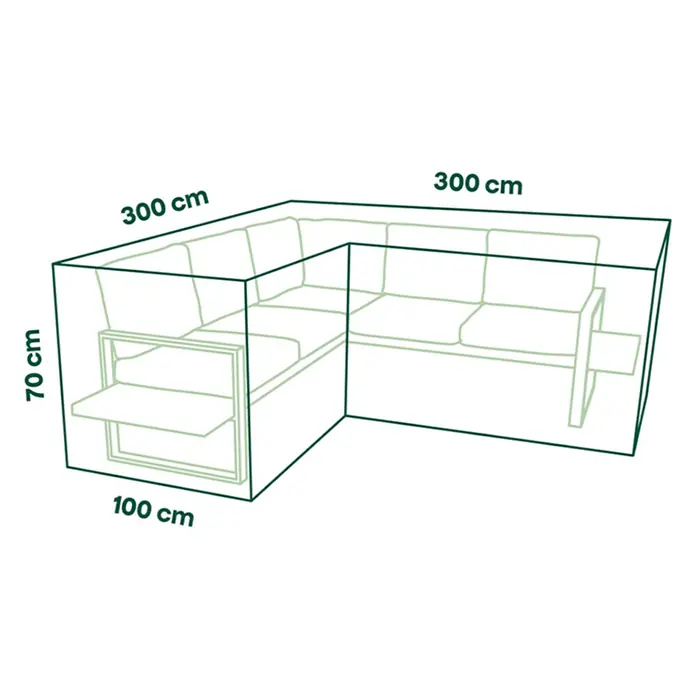 Siena Garden Loungemöbel Schutzhülle PLUS - L x B x H: 300 x 100 x 70 cm, Polyester, TPU laminiert, Beige - Grün umrandetes Diagramm einer L-förmigen Sofahusse mit Maßen: 300x300x100x70 cm.