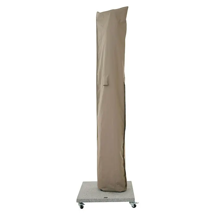 Siena Garden Sonnenschirm Schutzhülle PLUS - Passend für: Ampelschirm ⌀ 4,0 m, Polyester, TPU laminiert, Beige - Beiger Heizstrahler-Bezug auf grauem Rollsockel.