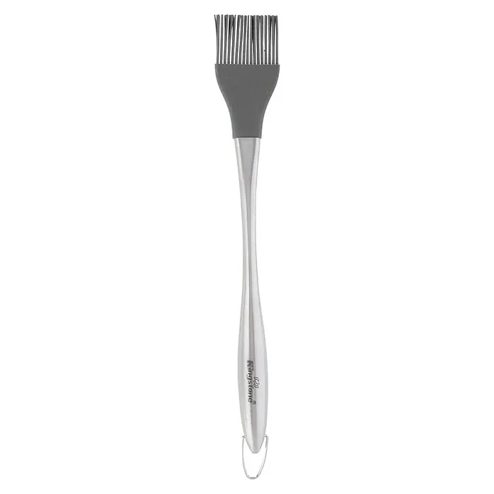 Kingstone Grillbesteck - Länge: 30 cm, Silikon, Edelstahl, Schwarz/Silber - Detailaufnahme einer grauen Silikon-Grillbürste mit einem Griff aus rostfreiem Stahl und einer Aufhängeschlaufe.