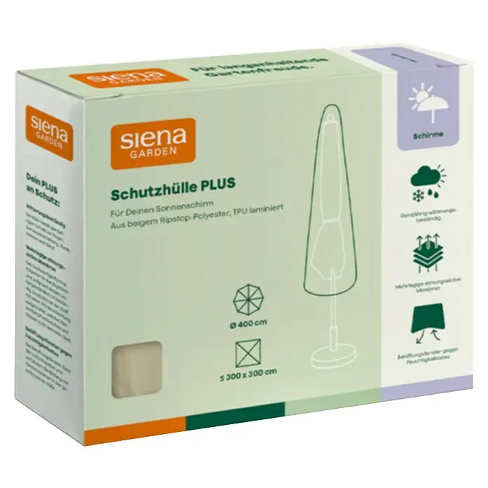 Siena Garden Sonnenschirm Schutzhülle PLUS - Passend für: Schirme mit einem ⌀ bis zu 4,0 m, Polyester, TPU laminiert, Beige - Verpackung für siena GARDEN Schutzhülle PLUS, eine beige Ripstop-Polyester/TPU-laminierte Schutzhülle für Sonnenschirme.
