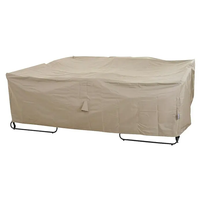 Siena Garden Loungemöbel Schutzhülle PLUS - L x B x H: 255 x 255 x 70 cm, Polyester, TPU laminiert, Beige - Beige rechteckige Outdoor-Tischabdeckung, schwarze Metallbeine sichtbar.
