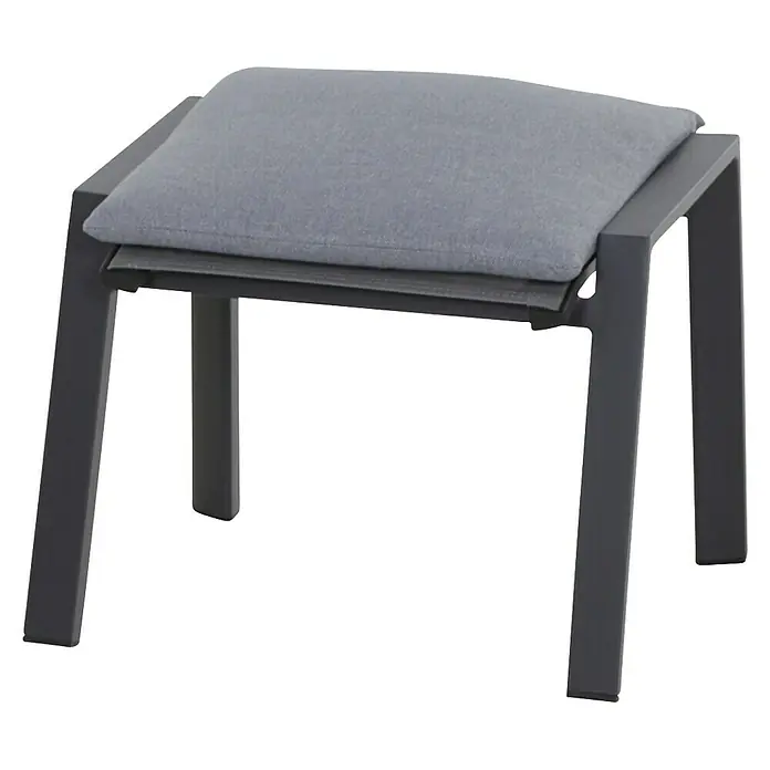 Gartenhocker Valencia - Aluminium, Polypropylen, Ranotex, Anthrazit, B x T x H: 58 x 49 x 46 cm - Dunkelgrauer Metall-Outdoor-Ottomane mit hellgrauem Stoffkissen.
