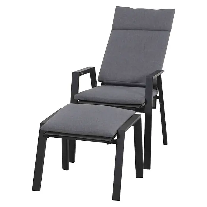 Gartenhocker Valencia - Aluminium, Polypropylen, Ranotex, Anthrazit, B x T x H: 58 x 49 x 46 cm - Dunkelgrauer Relaxsessel mit passendem Hocker, mit robustem Metallrahmen und bequemen Stoffpolstern.