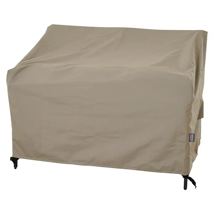 Siena Garden Gartenbank-Schutzhülle PLUS - L x B x H: 130 x 75 x 85 cm, Polyester, TPU laminiert, Beige - Hellbraune Stoff-Möbelabdeckung mit "Siena"-Etikett und sichtbaren schwarzen Füßen.