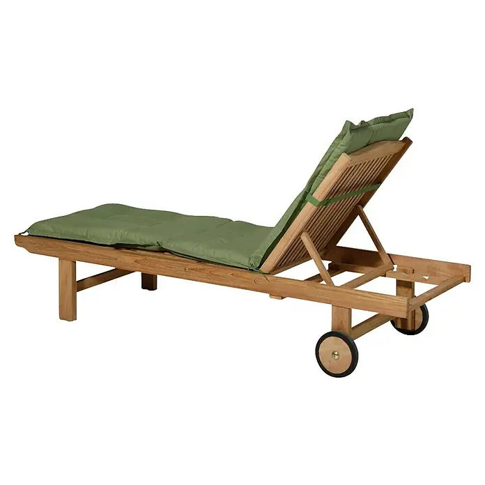 Madison Gartenmöbel-Auflage - Liegenauflage, L x B x H: 200 x 60 x 6 cm, Baumwolle, Polyester, Grün - Hölzerne Liege mit verstellbarer Rückenlehne und grünem Kissen, mit Rädern.