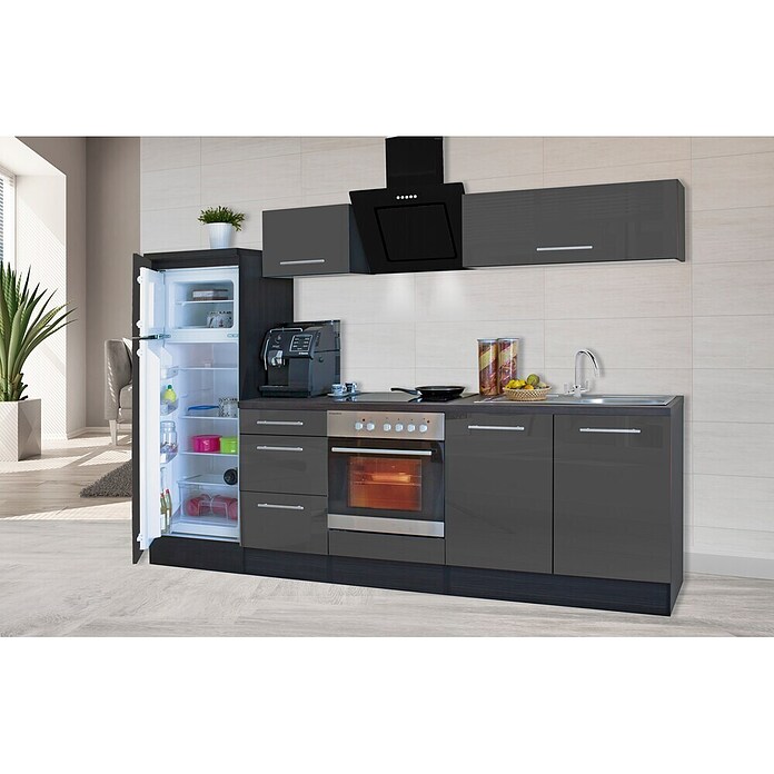 Respekta Premium Composición de cocina (Ancho: 270 cm, Con dispositivos eléctricos, Gris de alto brillo)