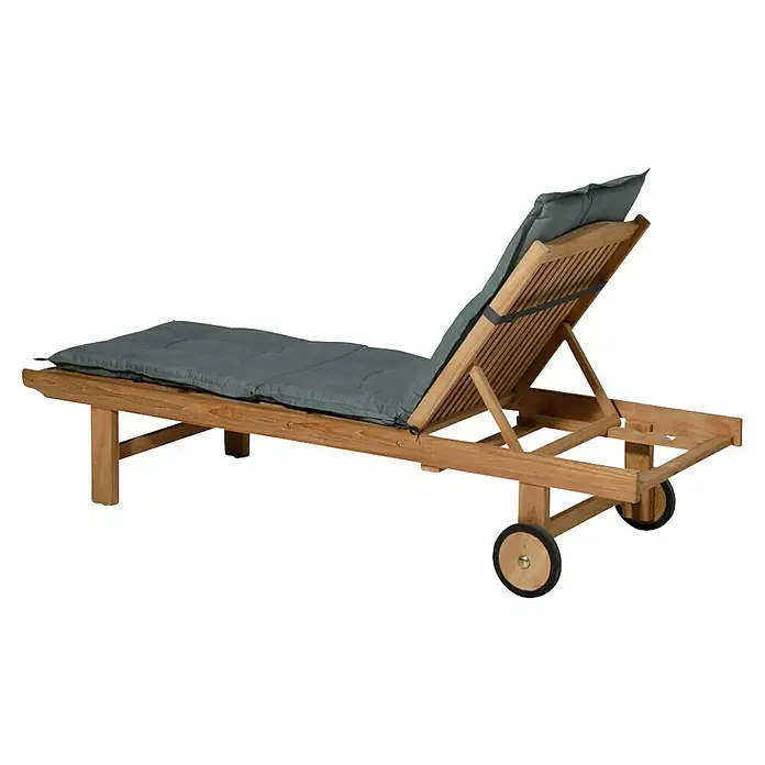 Madison Gartenmöbel-Auflage - Liegenauflage, L x B x H: 200 x 60 x 6 cm, Baumwolle, Polyester, Grau - Hölzerne Sonnenliege mit grauem Kissen, verstellbarer Rückenlehne und Rädern.