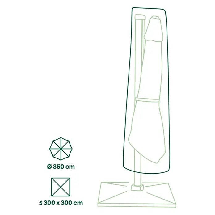 Siena Garden Sonnenschirm Schutzhülle PLUS - Passend für: Ampelschirm ⌀ 3,5 m, Polyester, TPU laminiert, Beige - Grüne Umrisszeichnung einer konischen Sonnenschirmhülle und Symbole für runden (Ø 350 cm) und quadratischen (≤ 300x300 cm) Schirm.