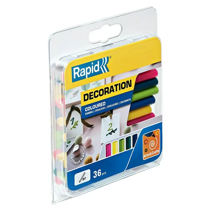 Rapid Klebepatronen Bunt Klassik - Durchmesser Klebepatrone: 7 mm, Mehrfarbig - Eine Packung Rapid Deco Marker mit 36 farbigen Stiften zum Dekorieren und Basteln, ideal für kreative Projekte.
