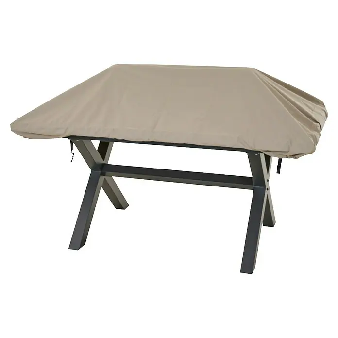 Abstandhalter - Passend für: Gartentische, Polypropylen, Schwarz - Beige Stoffabdeckung schützt einen dunkelgrauen Gartentisch mit X-Beinen.