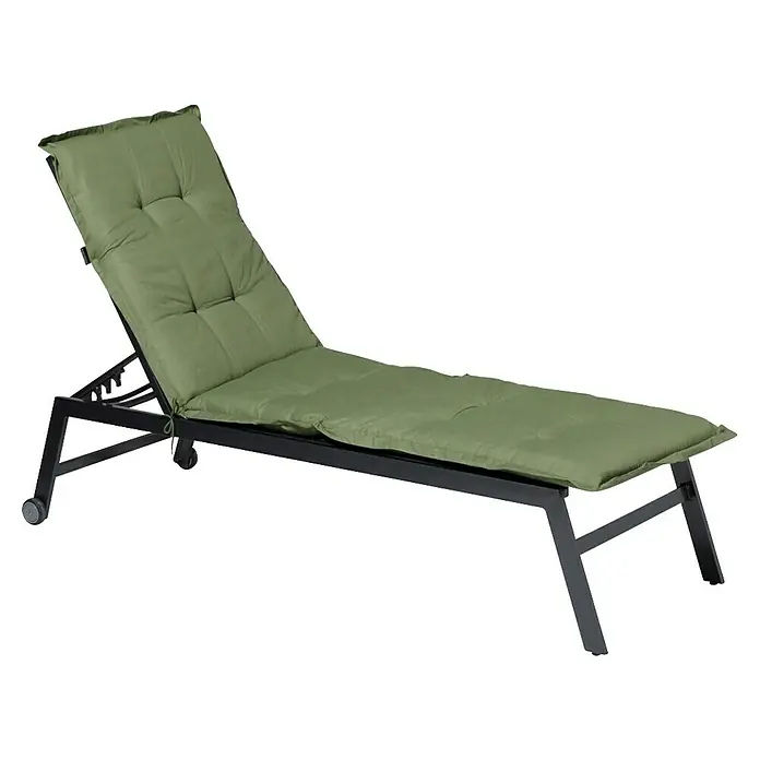 Madison Gartenmöbel-Auflage - Liegenauflage, L x B x H: 200 x 60 x 6 cm, Baumwolle, Polyester, Grün - Verstellbare grüne gepolsterte Sonnenliege mit dunklem Metallgestell und Rollen.