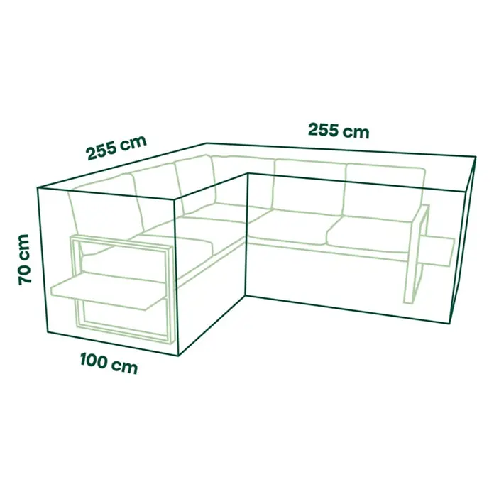 Siena Garden Loungemöbel Schutzhülle PLUS - L x B x H: 255 x 100 x 70 cm, Polyester, TPU laminiert, Beige - L-förmiges Ecksofa-Diagramm mit Maßen: 255 cm lange Seiten, 100 cm tief, 70 cm hoch.