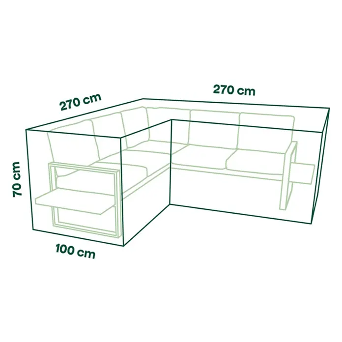 Siena Garden Loungemöbel Schutzhülle PLUS - L x B x H: 270 x 100 x 70 cm, Polyester, TPU laminiert, Beige - Strichzeichnung eines L-förmigen Outdoor-Sofas, 270x270 cm, Tiefe 100 cm, Höhe 70 cm, mit transparentem Schutzhüllen-Umriss.