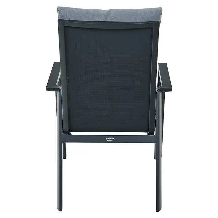 Siena Garden Garten-Positionssessel Comfort Plus - Aluminium, Ranotex, Polypropylen, Dunkelgrau, B x T x H: 65 x 80 x 98 cm - Dunkelgrauer Gartenstuhl mit Netzrückenlehne und -sitzfläche, ausgestattet mit einem hellgrauen Kopfkissen und Armlehnen.