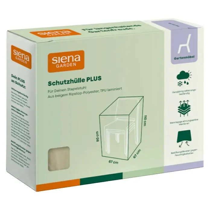 Siena Garden Stapelsessel-Schutzhülle PLUS - L x B x H: 67 x 67 x 110 cm, Polyester, TPU laminiert, Beige - Karton für Siena Garden "PLUS" Schutzhülle für Stapelstühle, beiges Ripstop-Polyester, TPU-laminiert, 67x67x110 cm.