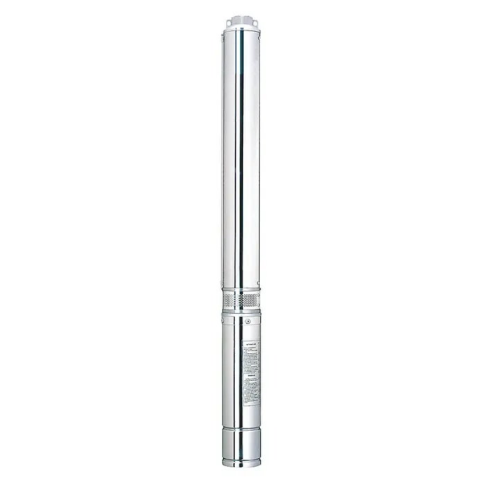 Espa Leader Bomba de pozo Saturn4 - 1.200 W, Capacidad de bombeo máx.: 4.800 l/h, Acero inoxidable - En la imagen se muestra una bomba de pozo profundo cilíndrica de color plateado. Está diseñada para usarse en pozos y para extraer agua.