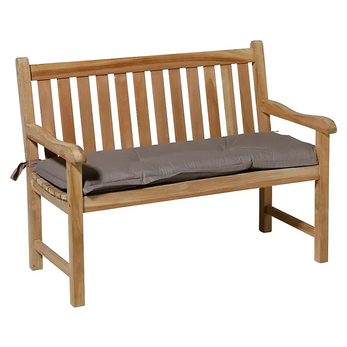 Madison Bankauflage - Taupe, L x B: 150 x 48 cm - Helle Holz-Gartenbank mit grauem, gestepptem Kissen.