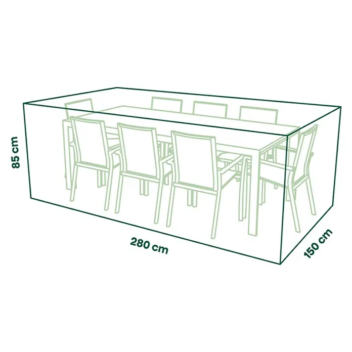 Siena Garden Sitzgruppen-Schutzhülle PLUS - Passend für: Sitzgruppen inkl. 10 Stühlen, 280 x 150 x 85 cm, Polyester, TPU laminiert, Beige - Rechteckige Schutzhülle für Gartenmöbel, illustriert mit Maßen 280x150x85 cm.