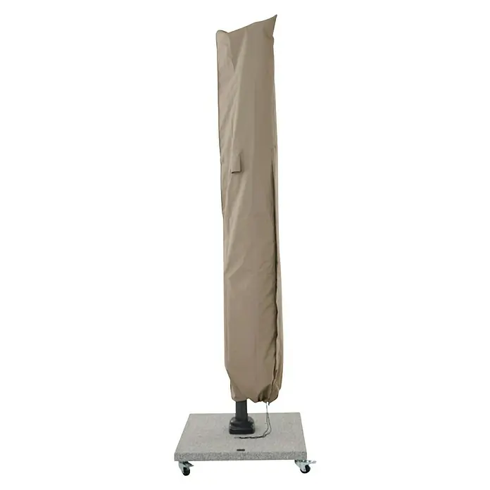 Siena Garden Sonnenschirm Schutzhülle PLUS - Passend für: Ampelschirm ⌀ 3,5 m, Polyester, TPU laminiert, Beige - Beige Schutzhülle für einen Sonnenschirm auf einem grauen Rollsockel.